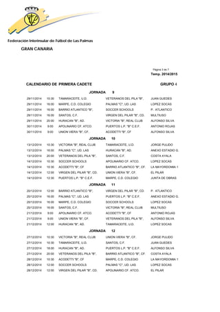 Federación Interinsular de Fútbol de Las Palmas 
GRAN CANARIA 
Página 3 de 7 
Temp. 2014/2015 
CALENDARIO DE PRIMERA CADETE GRUPO 4 
JORNADA 9 
29/11/2014 10:30 TAMARACEITE, U.D. VETERANOS DEL PILA "B", JUAN GUEDES 
29/11/2014 16:00 MARPE, C.D. COLEGIO PALMAS "C", UD. LAS LOPEZ SOCAS 
29/11/2014 16:00 BARRIO ATLANTICO "B", SOCCER SCHOOLS P. ATLANTICO 
29/11/2014 16:00 SANTOS, C.F. VIRGEN DEL PILAR "B", CD. MULTIUSO 
29/11/2014 20:00 HURACAN "B", AD. VICTORIA "B", REAL CLUB ALFONSO SILVA 
30/11/2014 9:00 APOLINARIO CF. ATCO. PUERTOS L.P. "B" C.E.F. ANTONIO ROJAS 
30/11/2014 9:00 UNION VIERA "B", CF. ACODETTI "B", CF ALFONSO SILVA 
JORNADA 10 
13/12/2014 10:30 VICTORIA "B", REAL CLUB TAMARACEITE, U.D. JORGE PULIDO 
13/12/2014 16:00 PALMAS "C", UD. LAS HURACAN "B", AD. ANEXO ESTADIO G. 
13/12/2014 20:00 VETERANOS DEL PILA "B", SANTOS, C.F. COSTA AYALA 
14/12/2014 10:30 SOCCER SCHOOLS APOLINARIO CF. ATCO. LOPEZ SOCAS 
14/12/2014 10:30 ACODETTI "B", CF BARRIO ATLANTICO "B", CF. LA MAYORDOMIA 1 
14/12/2014 12:00 VIRGEN DEL PILAR "B", CD. UNION VIERA "B", CF. EL PILAR 
14/12/2014 12:30 PUERTOS L.P. "B" C.E.F. MARPE, C.D. COLEGIO JUNTA DE OBRAS 
JORNADA 11 
20/12/2014 12:00 BARRIO ATLANTICO "B", VIRGEN DEL PILAR "B", CD. P. ATLANTICO 
20/12/2014 16:00 PALMAS "C", UD. LAS PUERTOS L.P. "B" C.E.F. ANEXO ESTADIO G. 
20/12/2014 16:00 MARPE, C.D. COLEGIO SOCCER SCHOOLS LOPEZ SOCAS 
20/12/2014 16:00 SANTOS, C.F. VICTORIA "B", REAL CLUB MULTIUSO 
21/12/2014 9:00 APOLINARIO CF. ATCO. ACODETTI "B", CF ANTONIO ROJAS 
21/12/2014 9:00 UNION VIERA "B", CF. VETERANOS DEL PILA "B", ALFONSO SILVA 
21/12/2014 12:00 HURACAN "B", AD. TAMARACEITE, U.D. LOPEZ SOCAS 
JORNADA 12 
27/12/2014 10:30 VICTORIA "B", REAL CLUB UNION VIERA "B", CF. JORGE PULIDO 
27/12/2014 10:30 TAMARACEITE, U.D. SANTOS, C.F. JUAN GUEDES 
27/12/2014 18:00 HURACAN "B", AD. PUERTOS L.P. "B" C.E.F. ALFONSO SILVA 
27/12/2014 20:00 VETERANOS DEL PILA "B", BARRIO ATLANTICO "B", CF. COSTA AYALA 
28/12/2014 10:30 ACODETTI "B", CF MARPE, C.D. COLEGIO LA MAYORDOMIA 1 
28/12/2014 12:00 SOCCER SCHOOLS PALMAS "C", UD. LAS LOPEZ SOCAS 
28/12/2014 12:00 VIRGEN DEL PILAR "B", CD. APOLINARIO CF. ATCO. EL PILAR 
 