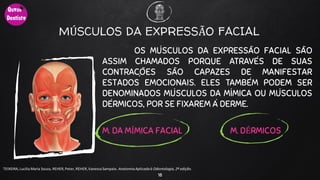 MÚSCULOS DA EXPRESSÃO FACIAL
OS MÚSCULOS DA EXPRESSÃO FACIAL SÃO
ASSIM CHAMADOS PORQUE ATRAVÉS DE SUAS
CONTRAÇÕES SÃO CAPAZES DE MANIFESTAR
ESTADOS EMOCIONAIS. ELES TAMBÉM PODEM SER
DENOMINADOS MÚSCULOS DA MÍMICA OU MÚSCULOS
DÉRMICOS, POR SE FIXAREM À DERME.
M. DA MÍMICA FACIAL M. DÉRMICOS
18
TEIXEIRA, Lucilia Maria Souza, REHER,Peter, REHER,Vanessa Sampaio. AnatomiaAplicadaà Odontologia, 2ª edição.
 