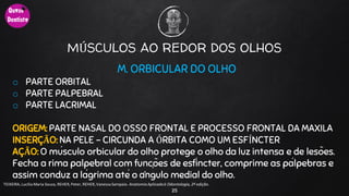 MÚSCULOS AO REDOR DOS OLHOS
M. ORBICULAR DO OLHO
o PARTE ORBITAL
o PARTE PALPEBRAL
o PARTE LACRIMAL
ORIGEM: PARTE NASAL DO OSSO FRONTAL E PROCESSO FRONTAL DA MAXILA
INSERÇÃO: NA PELE - CIRCUNDA A ÓRBITA COMO UM ESFÍNCTER
AÇÃO: O músculo orbicular do olho protege o olho da luz intensa e de lesões.
Fecha a rima palpebral com funções de esfíncter, comprime as pálpebras e
assim conduz a lágrima até o ângulo medial do olho.
25
TEIXEIRA, Lucilia Maria Souza, REHER,Peter, REHER,Vanessa Sampaio. AnatomiaAplicadaà Odontologia, 2ª edição.
 