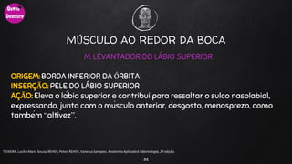 32
M. LEVANTADOR DO LÁBIO SUPERIOR
ORIGEM: BORDA INFERIOR DA ÓRBITA
INSERÇÃO: PELE DO LÁBIO SUPERIOR
AÇÃO: Eleva o lábio superior e contribui para ressaltar o sulco nasolabial,
expressando, junto com o músculo anterior, desgosto, menosprezo, como
também “altivez”.
MÚSCULO AO REDOR DA BOCA
TEIXEIRA, Lucilia Maria Souza, REHER,Peter, REHER,Vanessa Sampaio. AnatomiaAplicadaà Odontologia, 2ª edição.
 