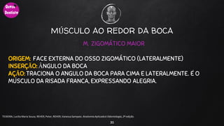 35
TEIXEIRA, Lucilia Maria Souza, REHER,Peter, REHER,Vanessa Sampaio. AnatomiaAplicadaà Odontologia, 2ª edição.
M. ZIGOMÁTICO MAIOR
ORIGEM: FACE EXTERNA DO OSSO ZIGOMÁTICO (LATERALMENTE)
INSERÇÃO: ​ÂNGULO DA BOCA
AÇÃO: TRACIONA O ÂNGULO DA BOCA PARA CIMA E LATERALMENTE. É O
MÚSCULO DA RISADA FRANCA, EXPRESSANDO ALEGRIA.
MÚSCULO AO REDOR DA BOCA
 