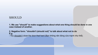 SHOULD
1. We use "should" to make suggestions about what one thing should be done in one
case instead of another.
2. Negative form: "shouldn't (should not)" to talk about what not to do
E.g.
- You shouldn’t close the door that hard (Bạn không nên đóng cửa mạnh như thế).
 