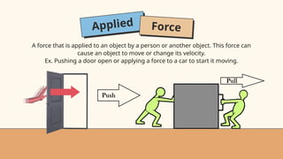 Applied Force
A force that is applied to an object by a person or another object. This force can
cause an object to move or change its velocity.
Ex. Pushing a door open or applying a force to a car to start it moving.
 