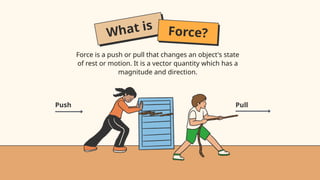 What is Force?
Push Pull
Force is a push or pull that changes an object's state
of rest or motion. It is a vector quantity which has a
magnitude and direction.
 