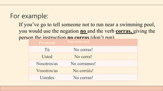 For example:
If you’ve go to tell someone not to run near a swimming pool,
you would use the negation no and the verb corras, giving the
person the instruction no corras (don’t run).
Pronoun Corr-er(to run)
Tú No corras!
Usted No corra!
Nosotros/as No corramos!
Vosotros/as No corráis!
Ustedes No corran!
 