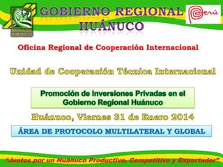 Oficina Regional de Cooperación Internacional

ÁREA DE PROTOCOLO MULTILATERAL Y GLOBAL

“Juntos por un Huánuco Productivo, Competitivo y Exportador”

 
