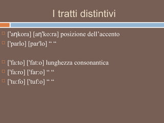 I tratti distintivi
 ['a kora] [aƞ ƞ'ko:ra] posizione dell’accento
 ['parlo] [par'lo] “ “
 ['fa:to] ['fat:o] lunghezza consonantica
 ['fa:ro] ['far:o] “ “
 ['tu:fo] ['tuf:o] “ “
 