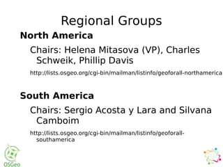 Regional Groups
North America
Chairs: Helena Mitasova (VP), Charles
Schweik, Phillip Davis
http://lists.osgeo.org/cgi-bin/mailman/listinfo/geoforall-northamerica
South America
Chairs: Sergio Acosta y Lara and Silvana
Camboim
http://lists.osgeo.org/cgi-bin/mailman/listinfo/geoforall-
southamerica
 