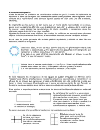 Consideraciones previas:
Antes de resolver los problemas es recomendable analizar en grupo y advertir la importancia de
reconocer el frente de los objetos para identificar las demás vistas (posterior, lateral izquierda, lateral
derecha, etc.). Podrán tomar como ejemplos algunos objetos del salón como una silla, el estante,
etcétera.).

Es importante que los alumnos se den cuenta que un mismo objeto, representado en un dibujo,
puede tener una apariencia diferente según la posición en que esté y la ubicación de la persona que
lo observa. Lograr abstraer las características del objeto, describirlo y representarlo desde los
diferentes puntos de donde lo ven no es cosa fácil.
Observar las ilustraciones no es suficiente para resolver los problemas, es necesario tener a la mano
objetos similares para resolver la actividad; si se considera necesario, cambie los objetos a dibujar.

En el caso del primer problema, los alumnos podrían representar y describir el vaso con una
respuesta parecida a la siguiente:


               Visto desde abajo, el vaso se dibuja con tres círculos; uno grande representa la parte
               de arriba o la boca del vaso, y otros dos círculos más pequeños dentro del grande, que
               representan la parte de abajo, la que sirve para pararlo.
               Si se trata de un vaso cilíndrico, seguramente sólo dibujarán un círculo, ya que la
               “boca” y la base del vaso son iguales.



               Visto de frente el vaso se puede dibujar con tres figuras. Un rectángulo delgado para la
               parte de arriba o boca del vaso, y dos trapecios, uno más grande que el otro.
               Si el vaso es cilíndrico, la vista representada sería sólo un rectángulo.



Si fuera necesario, las descripciones de los equipos se pueden enriquecer con términos como
“trapecio” para referirse a las figuras que representan el cuerpo y base del vaso, o “concéntricos” en
el caso de los círculos que representan el vaso, entendiéndose con este nombre los círculos que
tienen el mismo centro pero diferente radio, por lo que se aprecian uno dentro del otro. También se
les podría cuestionar respecto a qué parte de ese mismo dibujo representa la altura del vaso.

Para resolver el segundo problema se espera que los alumnos identifiquen las siguientes vistas del
escritorio:
                                                   La parte lateral del escritorio se ve como dos
                                                   rectángulos diferentes, colocados uno sobre el
                                                   otro; uno de ellos es más largo y delgado.
                                                   En caso de que se trate de una mesa que
                                                   sirve como escritorio, el dibujo constará de dos
                                                   rectángulos verticales colocados en los
       El escritorio desde arriba
                                                   extremos del que representa la parte de arriba.
       se ve como un rectángulo.
Se espera que para el tercer problema los alumnos logren soluciones como éstas:

                                                                  El lado derecho de la pila de
                  La pila de cajas desde
                                                                  cajas se ve como un rectángulo
                  arriba se ve como un
                                                                  formado por cuadrados,
                  rectángulo formado por dos
                                                                  agrupados en tres filas de dos
                  filas de tres cuadrados
                                                                  cuadrados cada una.
                  pequeños cada una.
 