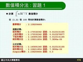 174國立中央大學數學系
數值積分法 : 習題 1
數學積分 : 2.158204464
迴圈求積：
矩形積分 : 2.170532362 誤差: 0.0123131185
上矩形積分 : 2.170532362 誤差: 0.0123278977
下矩形積分 : 2.145891345 誤差: 0.0123131185
梯形積分法 : 2.158211854 誤差: 7.3896e-06
公式求積：
矩形積分法 : 2.145891345 誤差: 0.0123131185
梯形積分法 : 2.158211854 誤差: 7.3896e-06
Simpson積分: 2.158204464 誤差: 0.0
 計算 數值積分
在 [1,2] 取 100 等份計算數值積分：
 