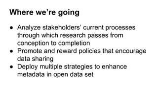 Where we’re going
● Analyze stakeholders’ current processes
through which research passes from
conception to completion
● Promote and reward policies that encourage
data sharing
● Deploy multiple strategies to enhance
metadata in open data set
 