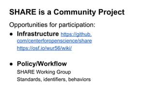 SHARE is a Community Project
Opportunities for participation:
● Infrastructure https://github.
com/centerforopenscience/share
https://osf.io/wur56/wiki/
● Policy/Workflow
SHARE Working Group
Standards, identifiers, behaviors
 