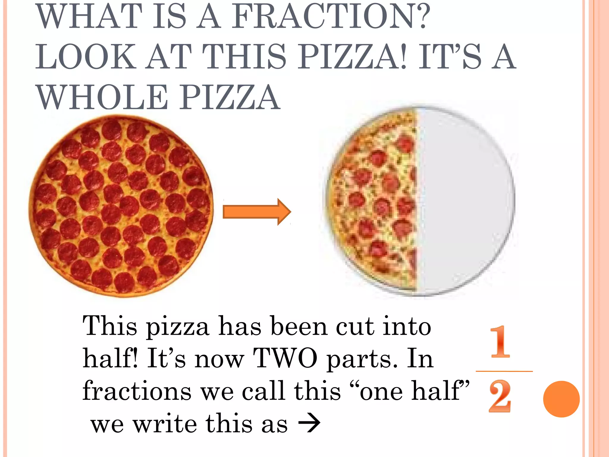 WHAT IS A FRACTION?
LOOK AT THIS PIZZA! IT’S A
WHOLE PIZZA
This pizza has been cut into
half! It’s now TWO parts. In
fractions we call this “one half”
we write this as 