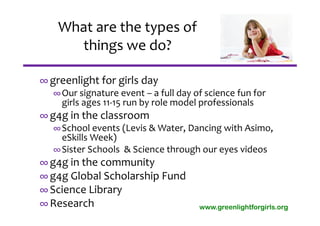 What are the types of 
      things we do?

∞ greenlight for girls day
  ∞ Our signature event – a full day of science fun for 
    girls ages 11‐15 run by role model professionals
∞ g4g in the classroom
  ∞ School events (Levis & Water, Dancing with Asimo, 
    eSkills Week) 
  ∞ Sister Schools  & Science through our eyes videos
∞ g4g in the community
∞ g4g Global Scholarship Fund 
∞ Science Library
∞ Research                            www.greenlightforgirls.org
 