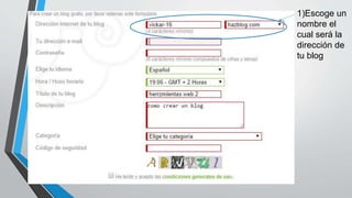 1)Escoge un 
nombre el 
cual será la 
dirección de 
tu blog 
 