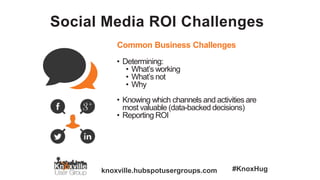 knoxville.hubspotusergroups.com #KnoxHug
Social Media ROI Challenges
Common Business Challenges
• Determining:
• What’s working
• What’s not
• Why
• Knowing which channels and activities are
most valuable (data-backed decisions)
• Reporting ROI
 