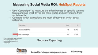 knoxville.hubspotusergroups.com #KnoxHug
Measuring Social Media ROI: HubSpot Reports
• Use “Campaigns” to measure the effectiveness of specific content
topics and see what drives the most traffic and conversions from
social media.
• Compare which campaigns are most effective on which social
networks.
Sources Reporting
If no campaign was tagged,
you can go back and
associate posts with a
campaign.
 