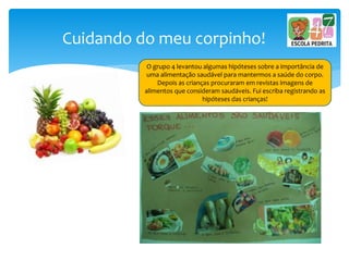 Cuidando do meu corpinho!
O grupo 4 levantou algumas hipóteses sobre a importância de
uma alimentação saudável para mantermos a saúde do corpo.
Depois as crianças procuraram em revistas imagens de
alimentos que consideram saudáveis. Fui escriba registrando as
hipóteses das crianças!
 