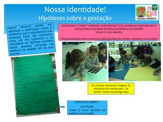 Nossa Identidade!
Hipóteses sobre a gestação
ASSISTIMOS O VÍDEO “GRAVIDEZ POR DENTRO” E AS CRIANÇAS PUDERAM VER O
CRESCIMENTO DO BEBÊ DENTRO DA BARRIGA DA MAMÃE!
SEGUE O LINK ABAIXO:
http://brasil.babycenter.com/v5201539/a-gravidez-por-dentro---semanas-10-a-14-vídeo
HIPÓTESES SOBRE A
GESTAÇÃO.
COMO É FICAR DENTRO DA
BARRIGA DA MAMÃE?
As crianças trouxeram imagens do
ultrassom da mamãe para “se
verem” dentro da barriga dela!
 