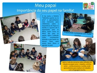 Meu papai
Importância do seu papel na família!
Após a roda de conversa sobre atitudes em
ralação ao papai como : respeito, carinho,
amor... confeccionamos o cartão, onde
aproveitamos para realizar um trabalho
com a linguagem escrita.
O G4 ouviu a história
“Adivinha quanto eu te
amo” e aproveitamos
este momento para
refletirmos sobre a
importância do Papai na
família e o quanto ele é
importante para os
filhos, assim como os
filhos são para os
papais. Após a reflexão
todos contribuíram
dizendo o que fazem ou
devem fazer para
serem bons filhos e
agradar os pais!
 