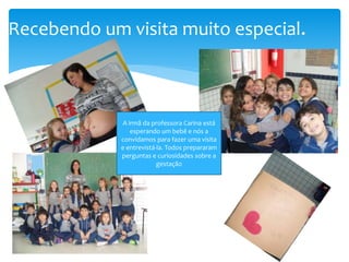 Recebendo um visita muito especial.
A irmã da professora Carina está
esperando um bebê e nós a
convidamos para fazer uma visita
e entrevistá-la. Todos prepararam
perguntas e curiosidades sobre a
gestação
 