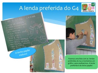A lenda preferida do G4
Fizemos uma lista com as lendas
preferidas do G4 e montamos um
gráfico para analisarmos. A lenda
preferida é do bicho papão!
 