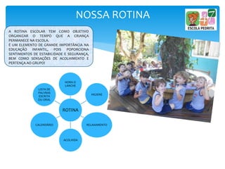 NOSSA ROTINA
A ROTINA ESCOLAR TEM COMO OBJETIVO
ORGANIZAR O TEMPO QUE A CRIANÇA
PERMANECE NA ESCOLA.
É UM ELEMENTO DE GRANDE IMPORTÂNCIA NA
EDUCAÇÃO INFANTIL, POIS POPORCIONA
SENTIMENTOS DE ESTABILIDADE E SEGURANÇA,
BEM COMO SENSAÇÕES DE ACOLHIMENTO E
PERTENÇA AO GRUPO!
ROTINA
HORA O
LANCHE
HIGIENE
RELAXAMENTO
ACOLHIDA
CALENDÁRIO
LISTA DE
PALVRAS
ESCRITA
OU ORAL
 