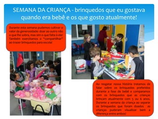 SEMANA DA CRIANÇA - brinquedos que eu gostava
quando era bebê e os que gosto atualmente!
Ao resgatar nossa história tratamos de
falar sobre os brinquedos preferidos
durante a fase de bebê e comparamos
com os brinquedos que as crianças
brincam atualmente com 5 ou 6 anos.
Durante a semana da criança ao separar
os brinquedos que foram doados as
crianças puderam visualizar bem a
diferença entre ambos!
Durante esta semana pudemos cultivar o
valor da generosidade: doar ao outro não
o que lhe sobra, mas sim o que falta à ele!
Também exercitamos o “compartilhar”
ao trazer brinquedos para escola!
 