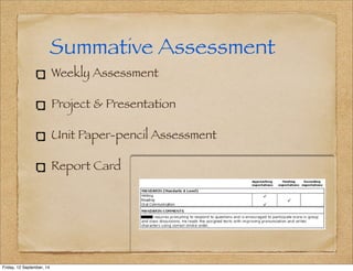 Summative Assessment 
Weekly Assessment 
Project & Presentation 
Unit Paper-pencil Assessment 
Report Card 
Friday, 12 September, 14 
 