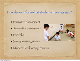 How do we inform what students have learned? 
Formative assessment 
Summative assessment 
Portfolio 
3-Way learning review 
Student-led learning reviews 
Friday, 12 September, 14 
 