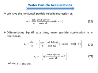 Water Particle Accelerations
 We have the horizontal particle velocity expression as,
agk cosh k(h+z)
u cos(kx t)
cosh kh


  (62)
 Differentiating Eqn.62 w.r.t time, water particle acceleration in x-
direction is,
where, (kx- t) 
  x
u agk cosh k(h+z)
a sin (kx t)
t cosh kh
 

 
       
(70)
x
cosh k(h+z)
a agk sin
cosh kh

 
  
 
(71)
 