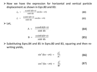 asinh k(h+z)
cos(kx t)
sinh kh
V   (83)
a cosh k(h+z)
sin (kx t)
sinh kh
H    (80)
 Now we have the expression for horizontal and vertical particle
displacement as shown in Eqn.80 and 83:
 Let,
a sinh k(h+z)
B
sinh kh
 (85)
a cosh k(h+z)
A
sinh kh
 (84)
 Substituting Eqns.84 and 85 in Eqns.80 and 83, squaring and then re-
writing yields,
2
2
2
cos (kx t)
B
V
  (87)
2
2
2
sin (kx t)
A
H
  (86)
 