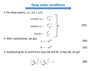 Deep water conditions
 For deep waters, i.e., h/L > 1/2,
( )
cosh k(h+z)
2
k h z
e 

( )
sinh k(h+z)
2
k h z
e 

sinh kh
2
kh
e

(93)
kz
A ae
kz
B ae
 After substituting , we get,
(94)
(95)
 Substituting for A and B from Eqns.94 and 95, in Eqn.88, we get
2 2
kz kz
1
ae ae
VH    
    
   
(96)
 