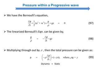 Pressure within a Progressive wave
 We have the Bernoulli’s equation,
2 21 p
(u + w ) gz 0
t 2



   

(97)
 The linearized Bernoulli’s Eqn. can be given by,
p
gz
t



  

(98)
p ( z), where, g =
t

   
 
    
 
 Multiplying through out by , then the total pressure can be given as:
Dynamic + Static
(99)
 