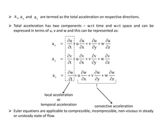  , and are termed as the total acceleration on respective directions.xa ya za
 Total acceleration has two components – w.r.t time and w.r.t space and can be
expressed in terms of u, v and w and this can be represented as:
x
u u u u
a u v w
t x y z
   
   
   
y
v v v v
a u v w
t x y z
   
   
   
z
w w w w
a u v w
t x y z
   
   
   
local acceleration
or
temporal acceleration convective acceleration
 Euler equations are applicable to compressible, incompressible, non-viscous in steady
or unsteady state of flow.
 