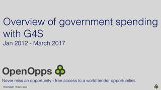 @ianmakgill @open_opps
Overview of government spending
with G4S
Jan 2012 - March 2017
Never miss an opportunity - free access to a world tender opportunities
OpenOpps
 