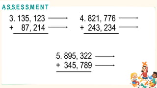 3. 135, 123 4. 821, 776
+ 87, 214 + 243, 234
5. 895, 322
+ 345, 789
A C T I V I T Y 1
@
@
A S S E S S M E N T
 