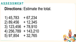 Directions: Estimate the total.
1) 45,783 + 67,234
2) 89,456 + 12,345
3) 123,456 + 78,910
4) 256,789 + 143,210
5) 97,854 + 32,765
A C T I V I T Y 2
@
@
A S S E S S M E N T
 