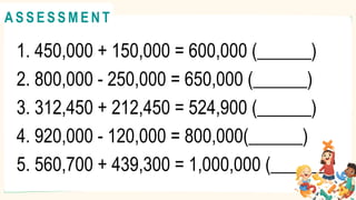 1. 450,000 + 150,000 = 600,000 (______)
2. 800,000 - 250,000 = 650,000 (______)
3. 312,450 + 212,450 = 524,900 (______)
4. 920,000 - 120,000 = 800,000(______)
5. 560,700 + 439,300 = 1,000,000 (______)
A C T I V I T Y 4
@
@
A S S E S S M E N T
 