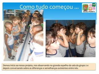 Como tudo começou ...
Demos início ao nosso projeto, nos observando no grande espelho da sala do grupo 2 e
depois conversando sobre as diferenças e semelhanças existentes entre nós.
 