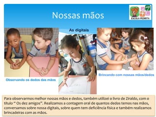 Nossas mãos
Observando os dedos das mãos
As digitais
Brincando com nossas mãos/dedos
Para observarmos melhor nossas mãos e dedos, também utilizei o livro de Ziraldo, com o
título “ Os dez amigos”. Realizamos a contagem oral de quantos dedos temos nas mãos,
conversamos sobre nossa digitais, sobre quem tem deficiência física e também realizamos
brincadeiras com as mãos.
 