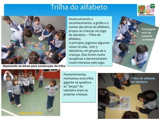 Trilha do alfabeto
Contagem
oral do
número
sorteado.
Separando as letras para construção da trilha
Jogando a trilha
Trilha do alfabeto
no tabuleiro
Desenvolvendo o
reconhecimento, a grafia e o
nomes das letras do alfabeto,
propus às crianças um jogo
de tabuleiro – Trilha do
alfabeto.
A princípio, jogamos algumas
vezes na sala, com 3
tabuleiros, em grupos de 4
crianças. Elas foram muito
receptivas e demonstraram
muito interesse pelo jogo.
Posteriormente,
montamos uma trilha
gigante na quadra e
as “peças” do
tabuleiro eram as
próprias crianças.
 
