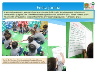 Festa junina
A festa junina desse ano teve como inspiração o interior de São Paulo. As crianças contribuíram com o
conhecimento que possuíam, comentando sobre algumas cidades do interior que já haviam visitado, o que
haviam visto. Enriquecemos esses conhecimentos prévios com as pesquisas e vivências no grupo.
Escrita das hipóteses levantadas pelas crianças, utilizando
letras móveis , a escrita manual das crianças e eu como escriba
 