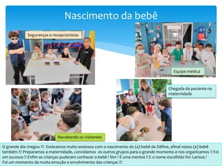 Nascimento da bebê
O grande dia chegou !!! Estávamos muito ansiosos com o nascimento do (a) bebê da Dáfine, afinal nosso (a) bebê
também !!! Preparamos a maternidade, convidamos os outros grupos para o grande momento e nos organizamos !! Foi
um sucesso !! Enfim as crianças puderam conhecer a bebê ! Sim ! É uma menina !! E o nome escolhido foi: Larissa !
Foi um momento de muita emoção e envolvimento das crianças !!!
Seguranças e recepcionistas
Equipe médica
Recebendo os visitantes
Chegada da paciente na
maternidade
 