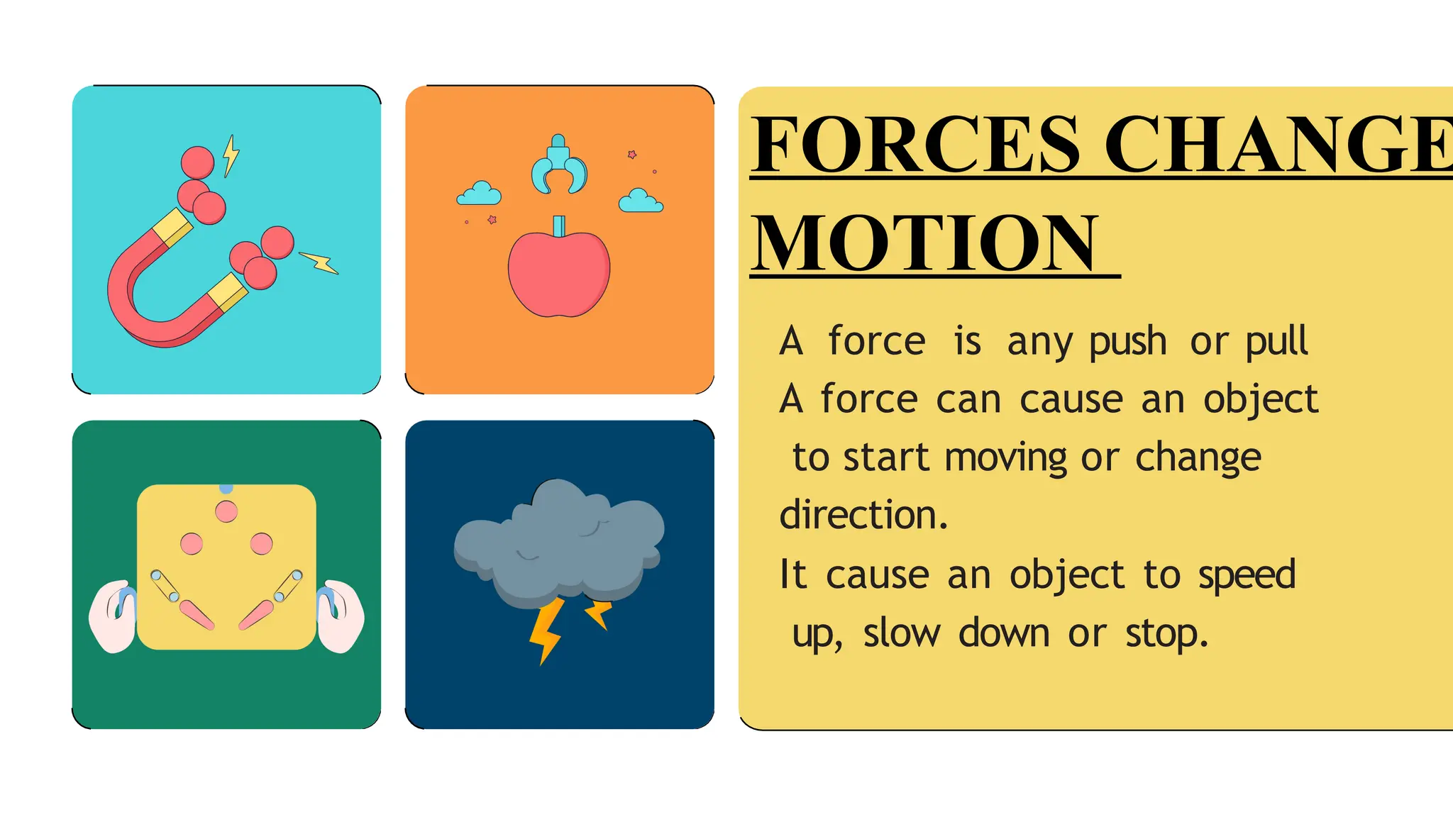 FORCES CHANGE
MOTION
A force is any push or pull
A force can cause an object
to start moving or change
direction.
It cause an object to speed
up, slow down or stop.
 