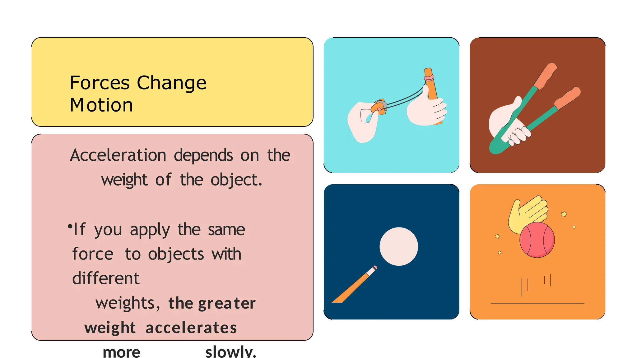 Forces Change
Motion
Acceleration depends on the
weight of the object.
•If you apply the same
force to objects with
different
weights, the greater
weight accelerates
more slowly.
 