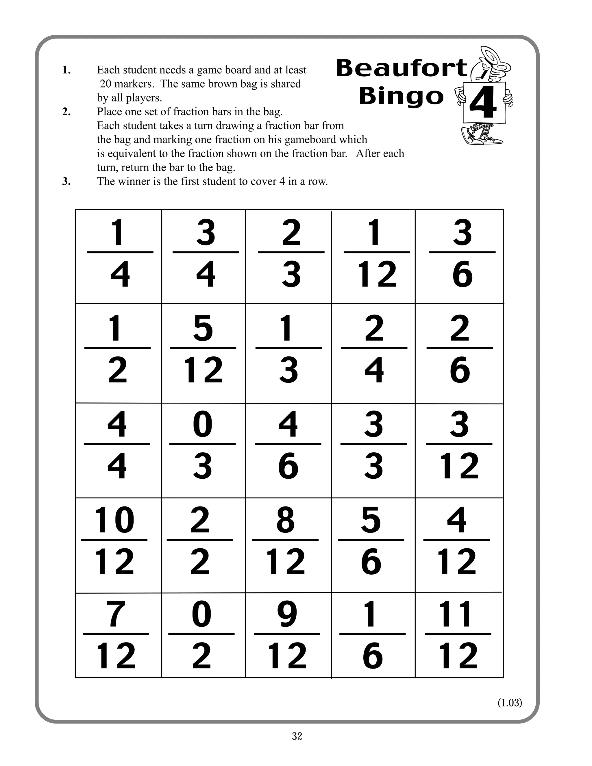32
Beaufort
Bingo
1. Each student needs a game board and at least
20 markers. The same brown bag is shared
by all players.
2. Place one set of fraction bars in the bag.
Each student takes a turn drawing a fraction bar from
the bag and marking one fraction on his gameboard which
is equivalent to the fraction shown on the fraction bar. After each
turn, return the bar to the bag.
3. The winner is the first student to cover 4 in a row.
1
4
3
4
2
3
1
12
3
6
1
2
5
12
1
3
2
4
2
6
4
4
0
3
4
6
3
3
3
12
10
12
2
2
8
12
5
6
4
12
7
12
0
2
9
12
1
6
11
12
(1.03)
 