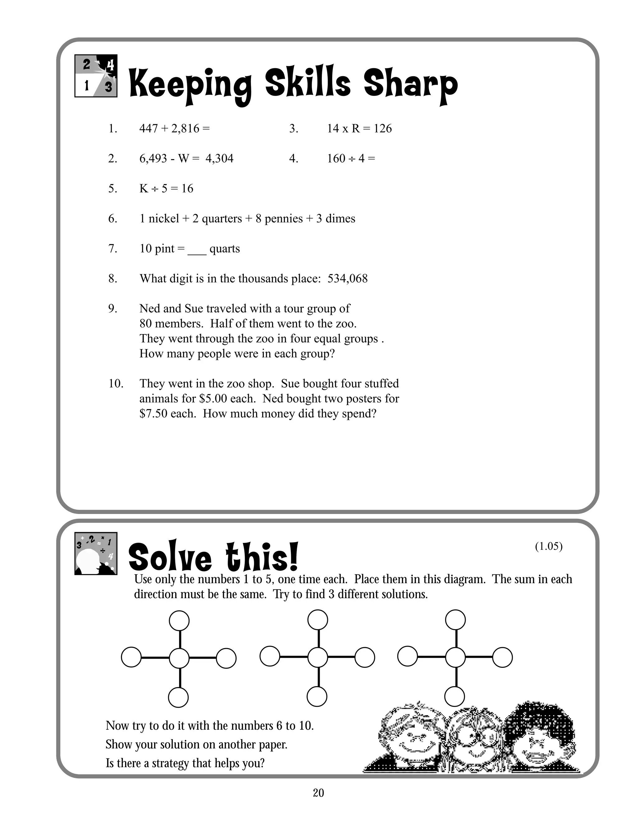 20
Keeping Skills Sharp
Solve this!
1- =
++ 2
3
4
1. 447 + 2,816 = 3. 14 x R = 126
2. 6,493 - W = 4,304 4. 160 ÷ 4 =
5. K ÷ 5 = 16
6. 1 nickel + 2 quarters + 8 pennies + 3 dimes
7. 10 pint = ___ quarts
8. What digit is in the thousands place: 534,068
9. Ned and Sue traveled with a tour group of
80 members. Half of them went to the zoo.
They went through the zoo in four equal groups .
How many people were in each group?
10. They went in the zoo shop. Sue bought four stuffed
animals for $5.00 each. Ned bought two posters for
$7.50 each. How much money did they spend?
Use only the numbers 1 to 5, one time each. Place them in this diagram. The sum in each
direction must be the same. Try to find 3 different solutions.
Now try to do it with the numbers 6 to 10.
Show your solution on another paper.
Is there a strategy that helps you?
(1.05)
 