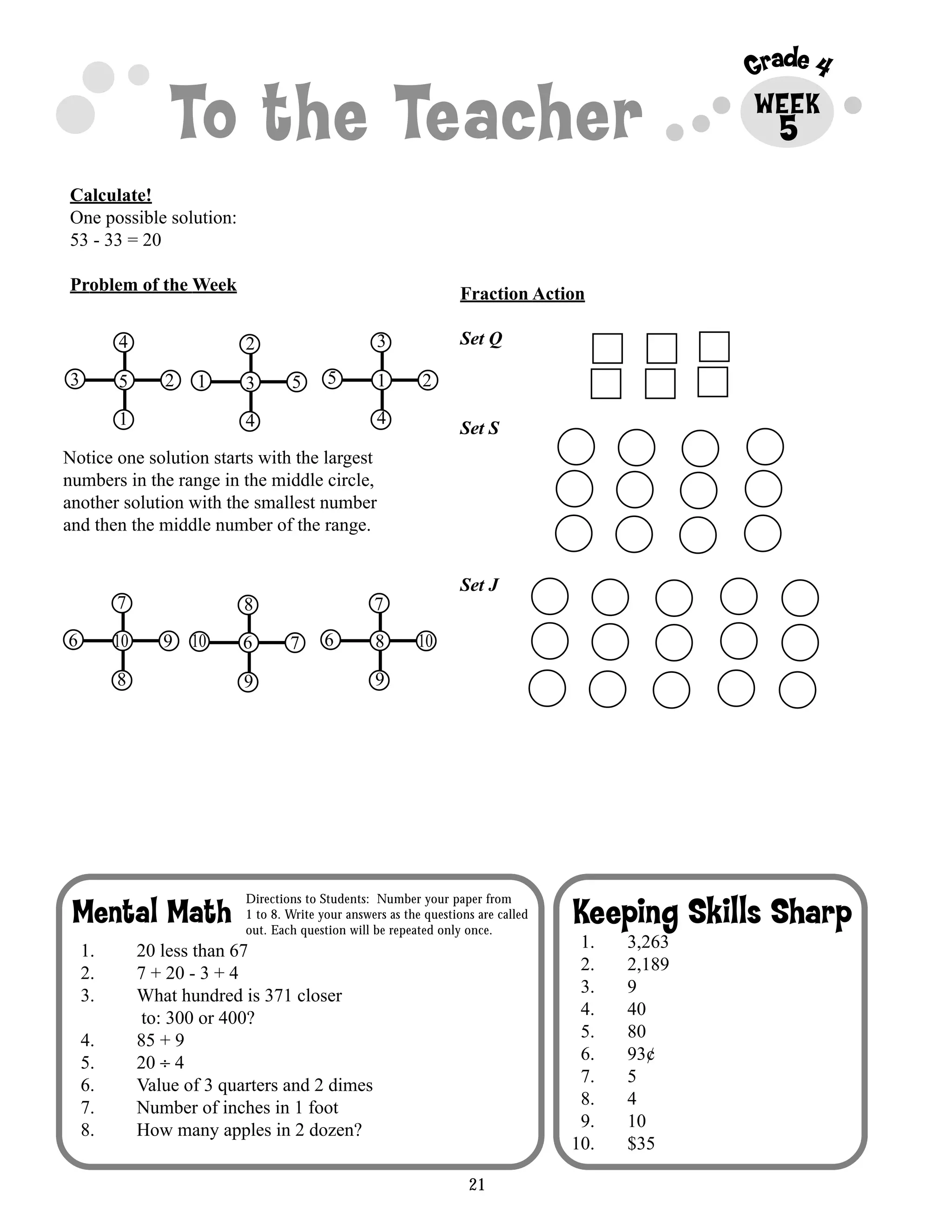 21
Grade 4
To the Teacher WEEK
Keeping Skills SharpMental Math
Directions to Students: Number your paper from
1 to 8. Write your answers as the questions are called
out. Each question will be repeated only once.
5
Calculate!
One possible solution:
53 - 33 = 20
Problem of the Week Fraction Action
Set Q
Set S
Set J
1. 3,263
2. 2,189
3. 9
4. 40
5. 80
6. 93¢
7. 5
8. 4
9. 10
10. $35
1. 20 less than 67
2. 7 + 20 - 3 + 4
3. What hundred is 371 closer
to: 300 or 400?
4. 85 + 9
5. 20 ÷ 4
6. Value of 3 quarters and 2 dimes
7. Number of inches in 1 foot
8. How many apples in 2 dozen?
Notice one solution starts with the largest
numbers in the range in the middle circle,
another solution with the smallest number
and then the middle number of the range.
4
3 25
1
2
1 53
4
3
5 21
4
7
6 910
8
8
76
9
7
6 8
9
10 10
 