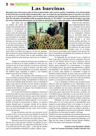 124 Tradiciones                                                                                        Abril, 2008

                                      Las barcinas
Buscando temas interesantes sobre la historia peñarandita, sobre nuestro pasado y basándome en los documentales
de televisión que evocan los oficios desaparecidos y que, en verdad, hay que denominar para el recuerdo, (esos oficios
que hoy ya no se desempeñan debido a que las labores que realizaban han dejado de tener una función en nuestra socie-
dad). Por tal motivo, he decidido rendir un pequeño homenaje en “El Globo” a un recuerdo de mi niñez y que siem-
                                                                             Globo
pre estuvo relacionado directamente con la tienda de ultramarinos que tenían mis padres, el de los BARCINEROS.
         Qué duda cabe que                                                                          Todos los días laborables,
los trabajos del campo han                                                                     pero fundamentalmente duran-
sufrido una profunda transfor-                                                                 te los mercados de los jueves
mación. La mecanización, los                                                                   se sacaban a la calle para lla-
avances y el progreso, por                                                                     mar la atención y ser atracción
suerte se han ido imponiendo,                                                                  de los compradores foráneos
facilitando los arduos trabajos                                                                que se acercaban desde los
que precisaban de una dedica-                                                                  pueblos de nuestra Comarca,
ción exclusiva y no permitían                                                                  de la Moraña y de otros
descansos en los meses estiva-                                                                 muchos pueblos próximos. Es
les, en los que la siega y trilla                                                              una pena no contar con ningu-
se llevaban prácticamente las                                                                  na imagen fotográfica que nos
amplias jornadas laborales, y                                                                  de testimonio de estas escenas
en las que no había horarios,                                                                  dejadas atrás en el tiempo.
mejor dicho, los había con respecto a la hora de madrugar Seria atractivo contemplar estas estampas en las que las cuer-
para comenzar las faenas laborales del campo, saliendo antes das se encontraban acompañadas de las piedras de trillo, las
del amanecer, con la fresca, pero no para rematarlas, pues bolas de sal para el ganado….
mientras había luz solar, hasta que caía el sol, no se finaliza-          En Peñaranda fue una familia la que se dedicó de
ba.                                                              lleno a este oficio, conocidos como los zamoranos. Dos per-
         Aunque son muchas las personas que recuerdan este sonas de esta familia fueron las que se dedicaron más de
oficio y su función en el campo, también es cierto que son lleno a su confección, por una parte Vitoriano Sánchez
muchas las que no lo han conocido. Las barcinas, para todos Bailón, quien transmitió sus conocimientos a su esposa,
aquellos a quienes no os suene el término, eran unas redes Luisa Martín García, que pronto supo absorberlos y adquirir
que se tejían por manos habilidosas con cuerdas, denomina- una habilidad y una destreza envidiable en su realización,
das también sogas, realizadas en esparto, y que llegaban por la misma rama familiar se encontraba la figura de
desde las provincias de Córdoba y Jaén.                          Bonifacio Sánchez Bailón, de quien tengo un recuerdo más
         Estas redes eran colocadas sobre bastidores en los cercano, al mantener con él un contacto más directo ya que
carros de madera, que generalmente en nuestros pueblos eran en más de una ocasión tuve que llevar los rollos de cuerda de
tirados por parejas de mulas, desempeñando la función de esparto a su casa para la confección de las barcinas.
sujetar en los traslados desde las tierras, una vez efectuada la          Y no se imaginan lo atractivo que era para las pan-
siega, la mies para ser llevada a las eras, donde se desempe- dillas de niños que jugábamos en los embarcaderos el ver
ñaba la trilla; separando el grano de la paja, se procedía al hacerlas, sujetas con unos clavos fijados en las piedras de los
traslado de esta última a los pajares. Estos traslados de mies muros, tejiéndolas con sus manos, realizando la red que iba
y paja se denominaba acarreo.                                    a no permitir la caída de los haces de mies o de paja. Por
         Con el paso del tiempo fue relegando la función de suerte para quien tenga interés en este tema, contamos con
las barcinas sobre los carros, para desempeñarla en un corto Luís Martín García, testimonio vivo de este oficio, hoy des-
período de tiempo sobre los tractores, que se iban imponien- aparecido en Peñaranda y toda nuestra zona, por no desem-
do en las labores de nuestros campos, siempre en pro de un peñar en nuestra sociedad una función rentable ni funcional.
progreso que facilitaba las labores agrarias. Y en un corto               Hablando con Luisa, recordaba con nostalgia este
período de tiempo la mecanización se impuso en nuestros oficio, pero a la vez lo duro que era el desempeñarlo, pues
campos dejando para el recuerdo, muchas de las labores requería un gran esfuerzo físico y de tiempo, en el que al
hasta ese momento desempeñadas, como fue el caso del aca- igual que en las labores del campo, tampoco se tenían en
rreo y de otras relacionadas con este, como el de la utiliza- cuenta las horas empleadas, pues era mucha la demanda y
ción de las barcinas.                                            también los madrugones necesarios para realizarlas; además
         El tipo de barcinas eran dos: por una parte, las de de sobrellevar las funciones de madre y del hogar.
acarrear la mies, en la que el hueco que dejaban los nudos de También sirva como recuerdo que con esa misma técnica se rea-
la red eran amplios, y por otra, las de la paja, que llevaban lizaron en muchas ocasiones las redes de las porterías del anti-
más cantidad de nudos y permitían una mayor sujeción.            guo campo de fútbol situado en la carretera de Salamanca, en el
         Recuerdo como en los meses de abril y mayo, llega- lugar que hoy ocupa el instituto German Sánchez Ruipérez.
ban por tren y más tarde por carretera, los pedidos de cuer- Sirvan estas líneas como homenaje a esta familia.
das y sogas de todo tipo. Las sogas para las barcinas, los lías
y las piolas para atar la mies y paja….y todo tipo de cuerdas                            Francisco José Hernández Méndez
que las acompañaban realizadas en esparto, cáñamo y pita.            Padre de Fernando Hernández Castilla (Amarillos Sol)
 